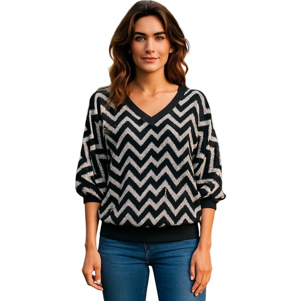 Libra Womens Sz M Black White Zigzag 3/4 Sleeve Blouse